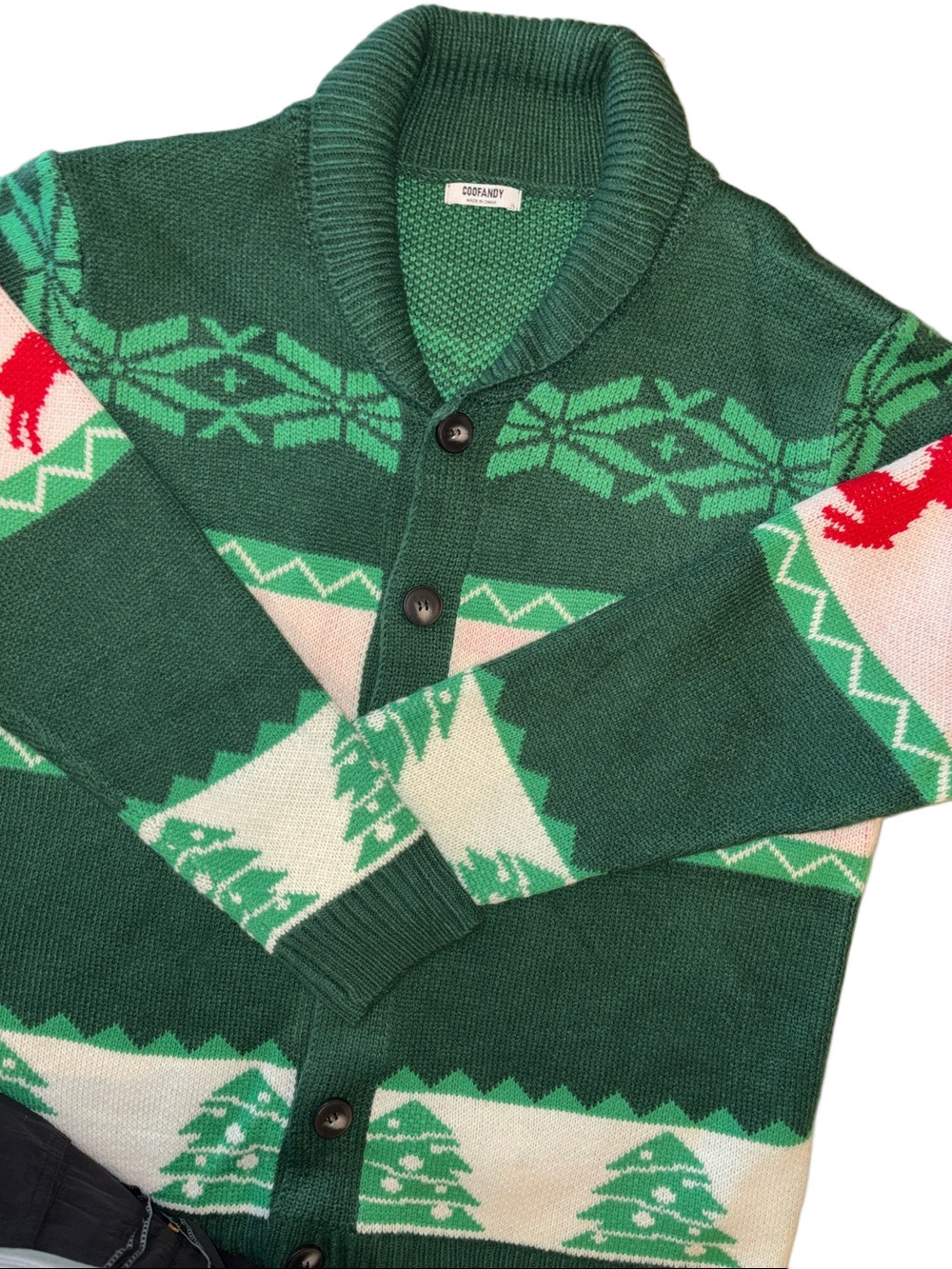 COOFANDY Men’s Christmas Reindeer Cardigan Sweater | Green & Red | Size XL